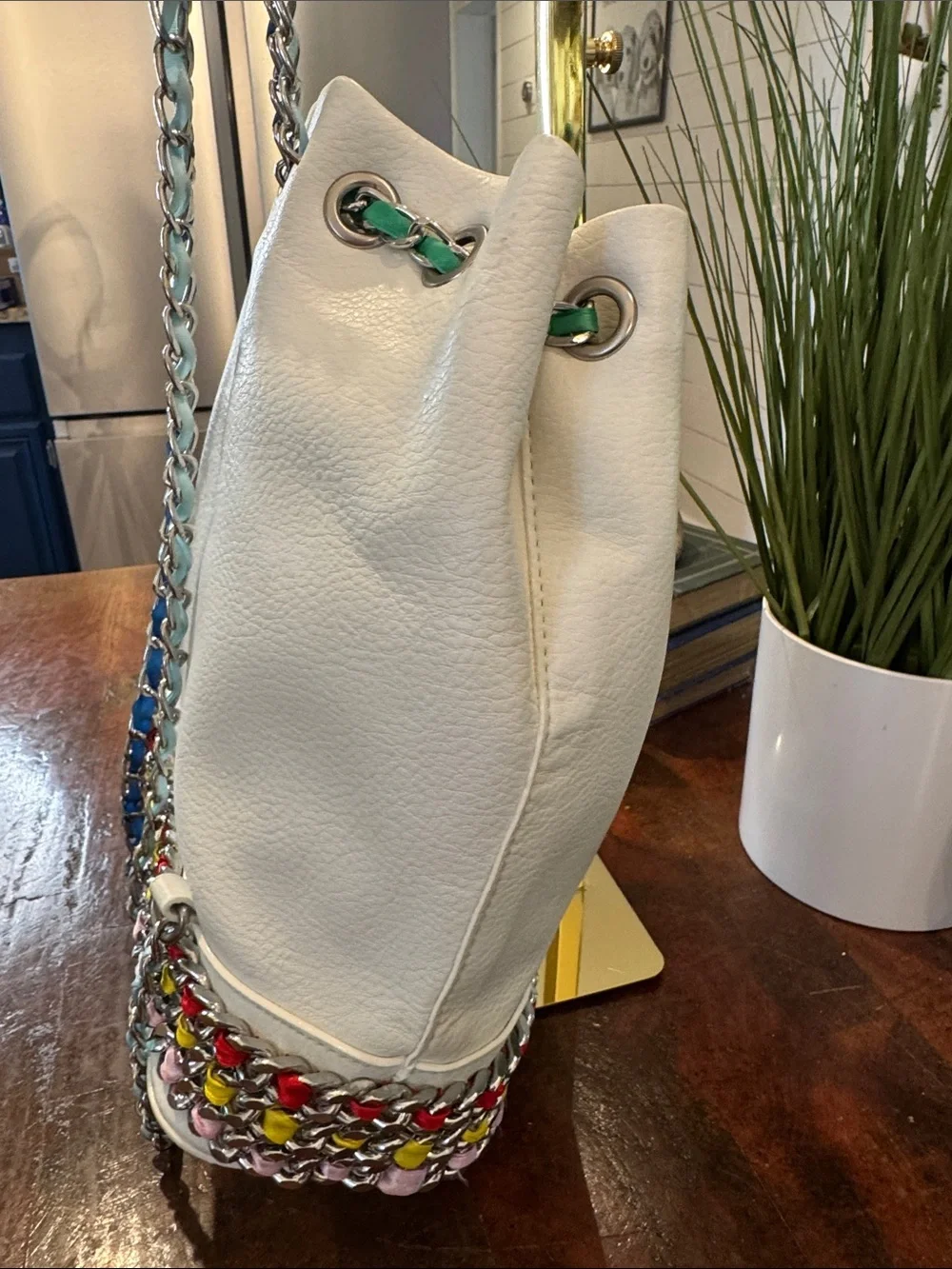 Betsey Johnson White Bucket Bag with Multicolor Chain Trim
